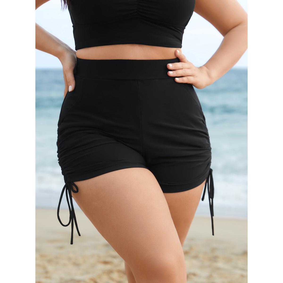 Plus Size Ruched Drawstring Pocket Slim Swim Bottom Women's Swimwear Black Resort Gathered High stretch Skinny High Rise Slanted pocket Curve Swim Bottoms BloomChic 12/L Product Image