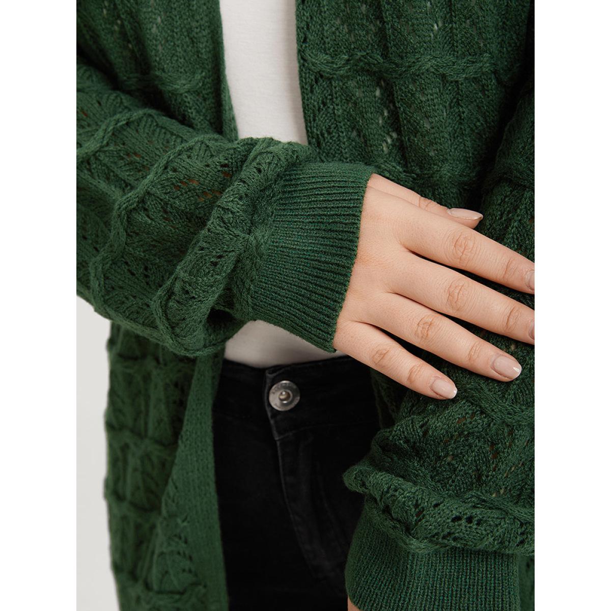 Plus Size Plain Geometric Eyelet Cable Knit Tunic Cardigan DarkGreen Women Casual Loose Long Sleeve Everyday Cardigans BloomChic 12/L Product Image