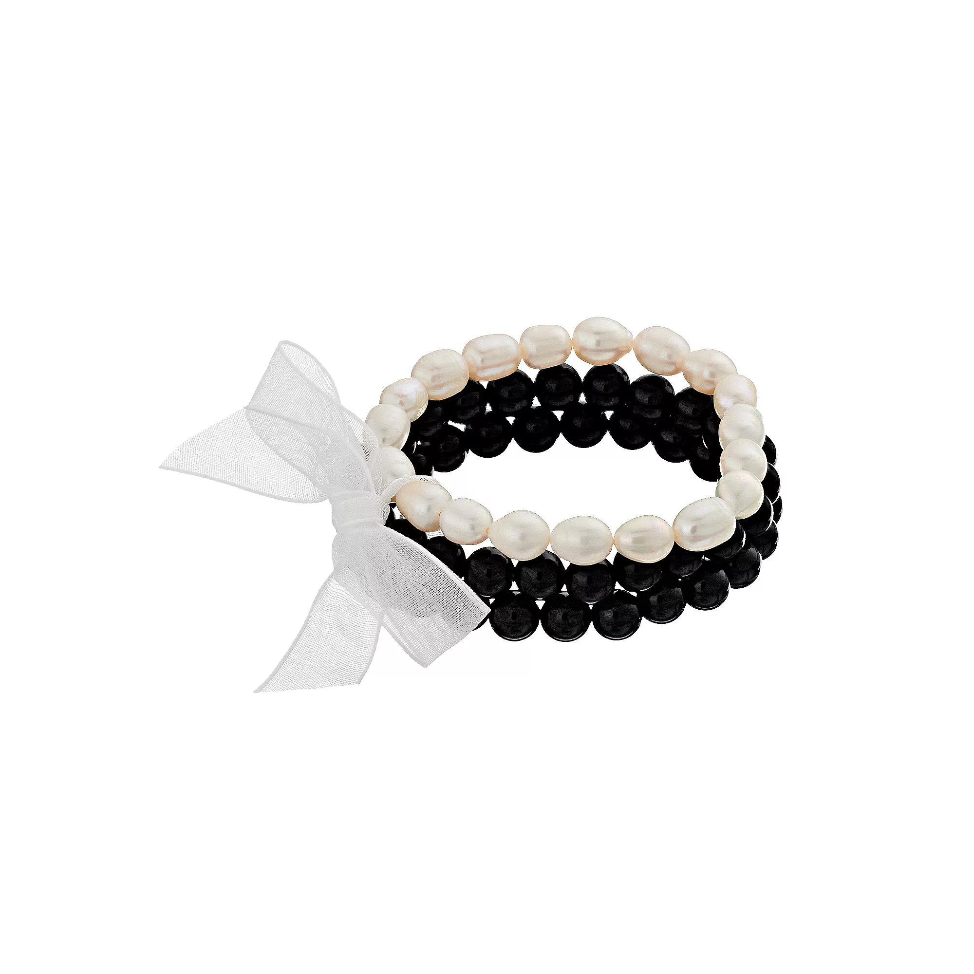 Aleure Precioso 3-Piece Gemstone Bead & Freshwater Cultured Pearl Stretch Bracelet Set, Women's, Size: 7.25", Sterling Black Product Image