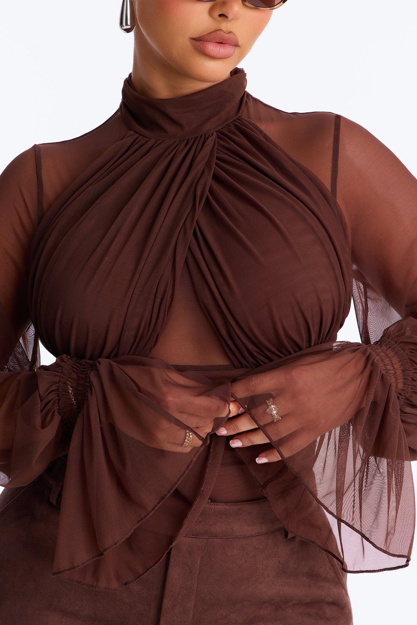 Juliet Ruched Mesh Long Sleeve Bodysuit - Brown Female Product Image
