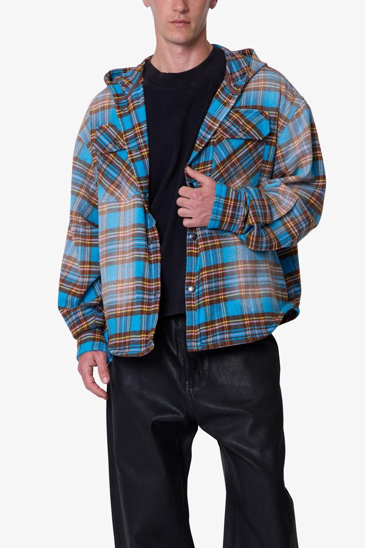 Faded Hooded Flannel Shirt - Washed Blue Product Image