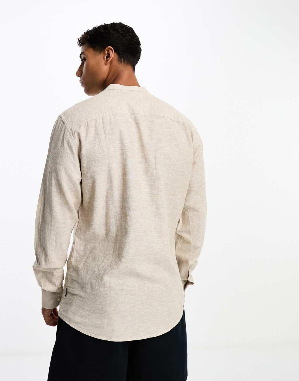 Only & Sons linen mix grandad collar shirt in beige Product Image