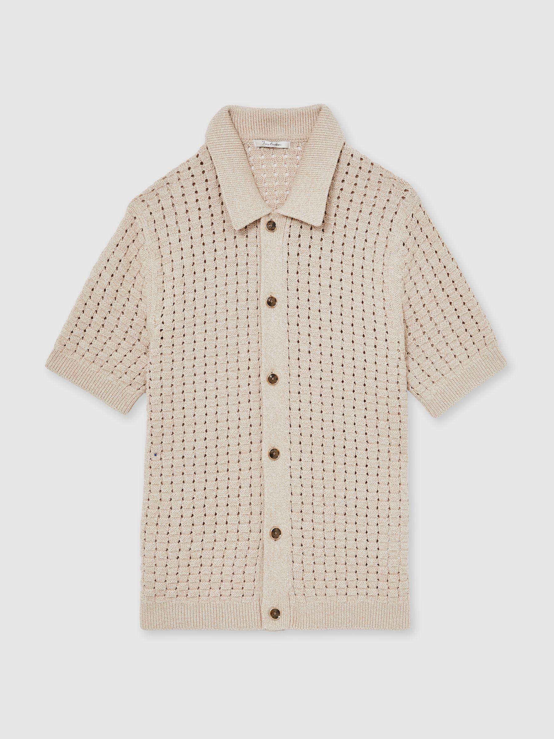 Basketweave Knit Button Through Cotton Blend Shirt in Stone Product Image