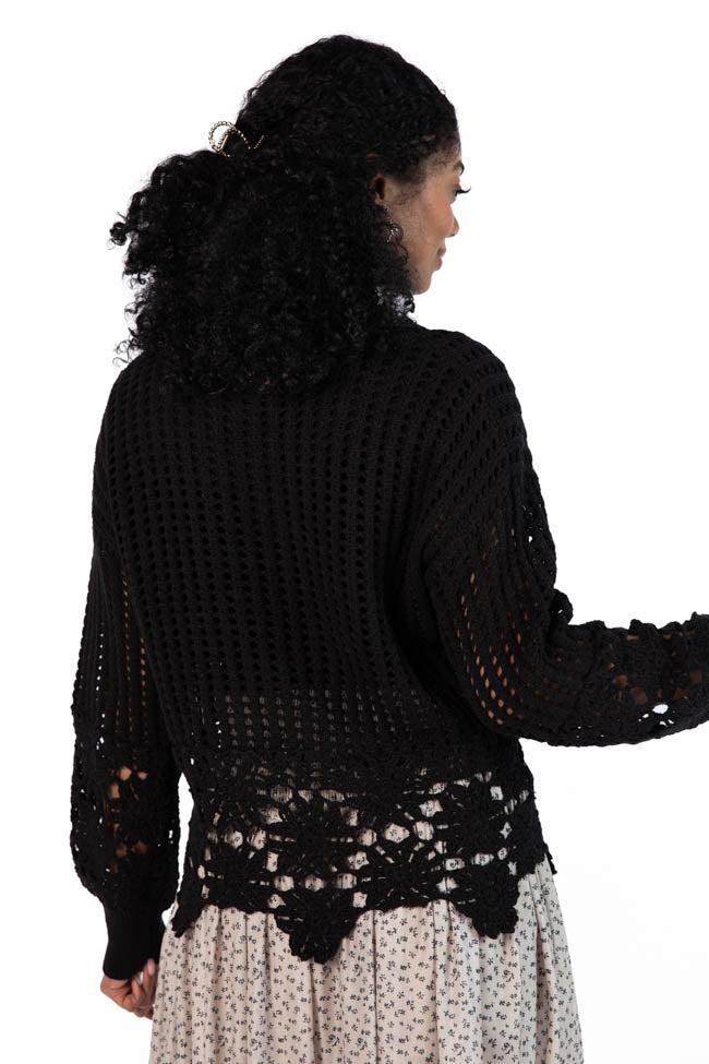 A Little Dramatic Black Flower Trim Crochet Sweater FINAL SALE Product Image