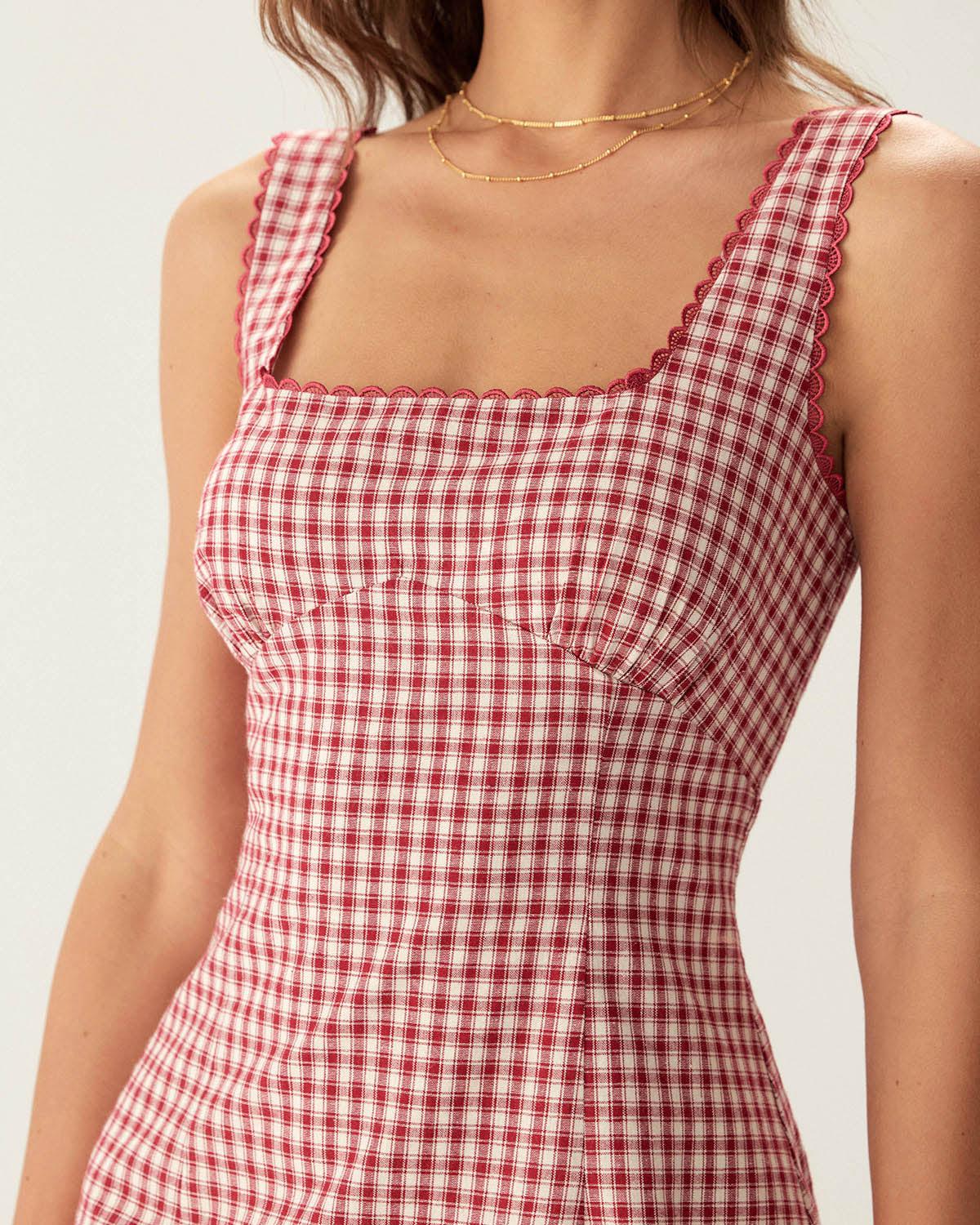 Red Plaid Square Neck Slip Mini Dress Product Image
