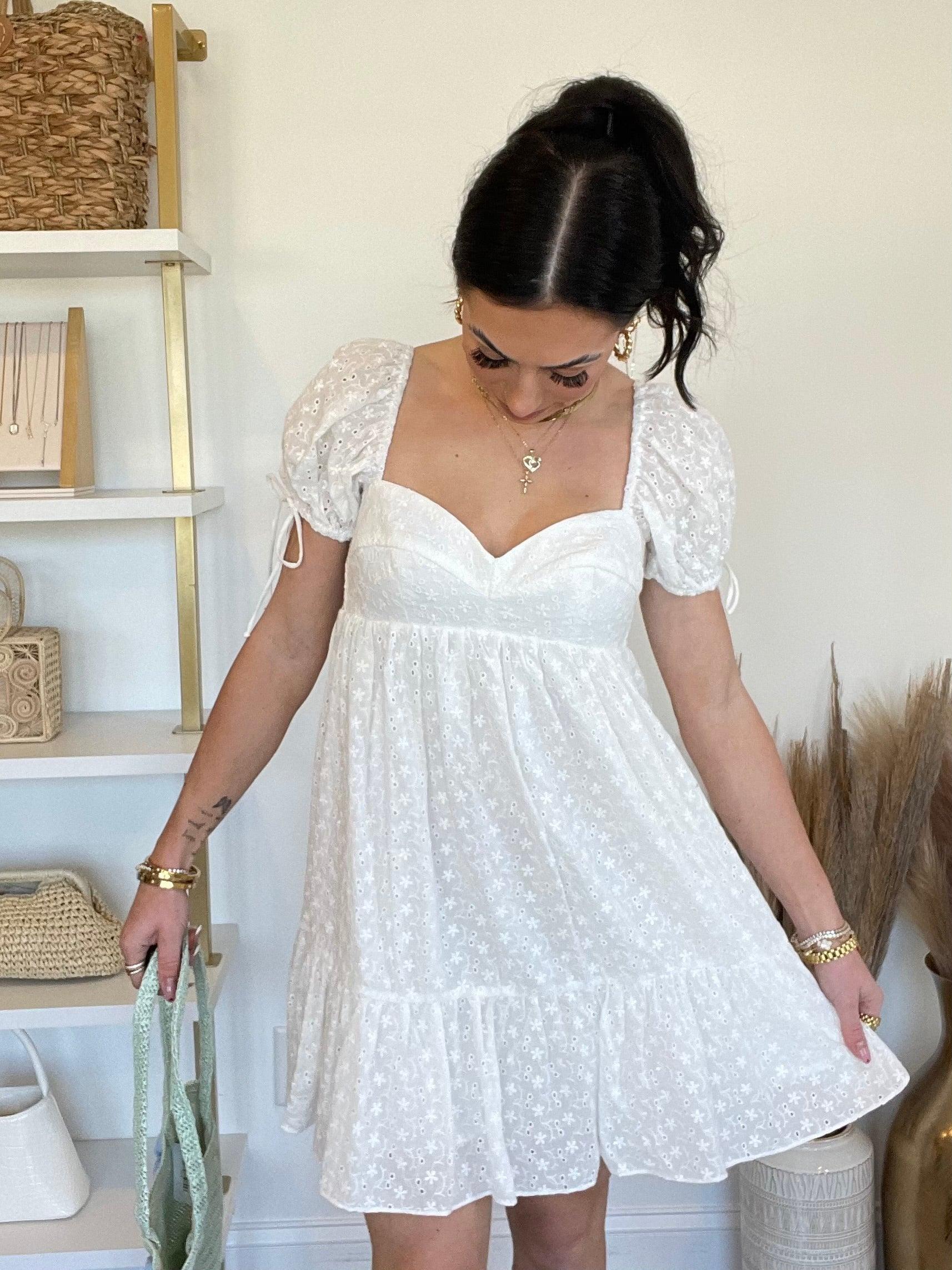 FINAL SALE Bardot Eyelet Babydoll Dress | White Product Image