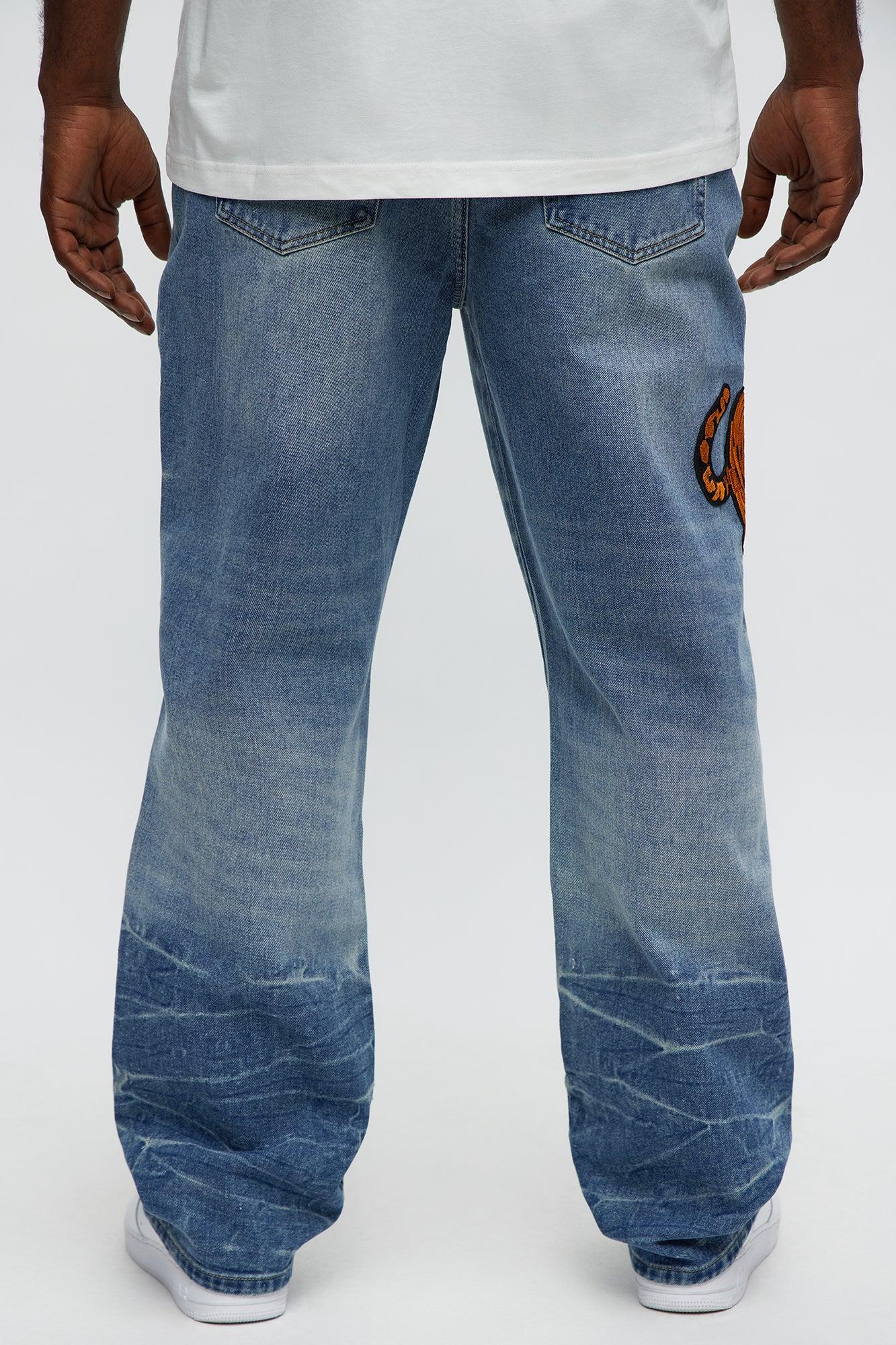 Relaxed Straight Tiger Patch Jeans - Medium Wash Male Product Image