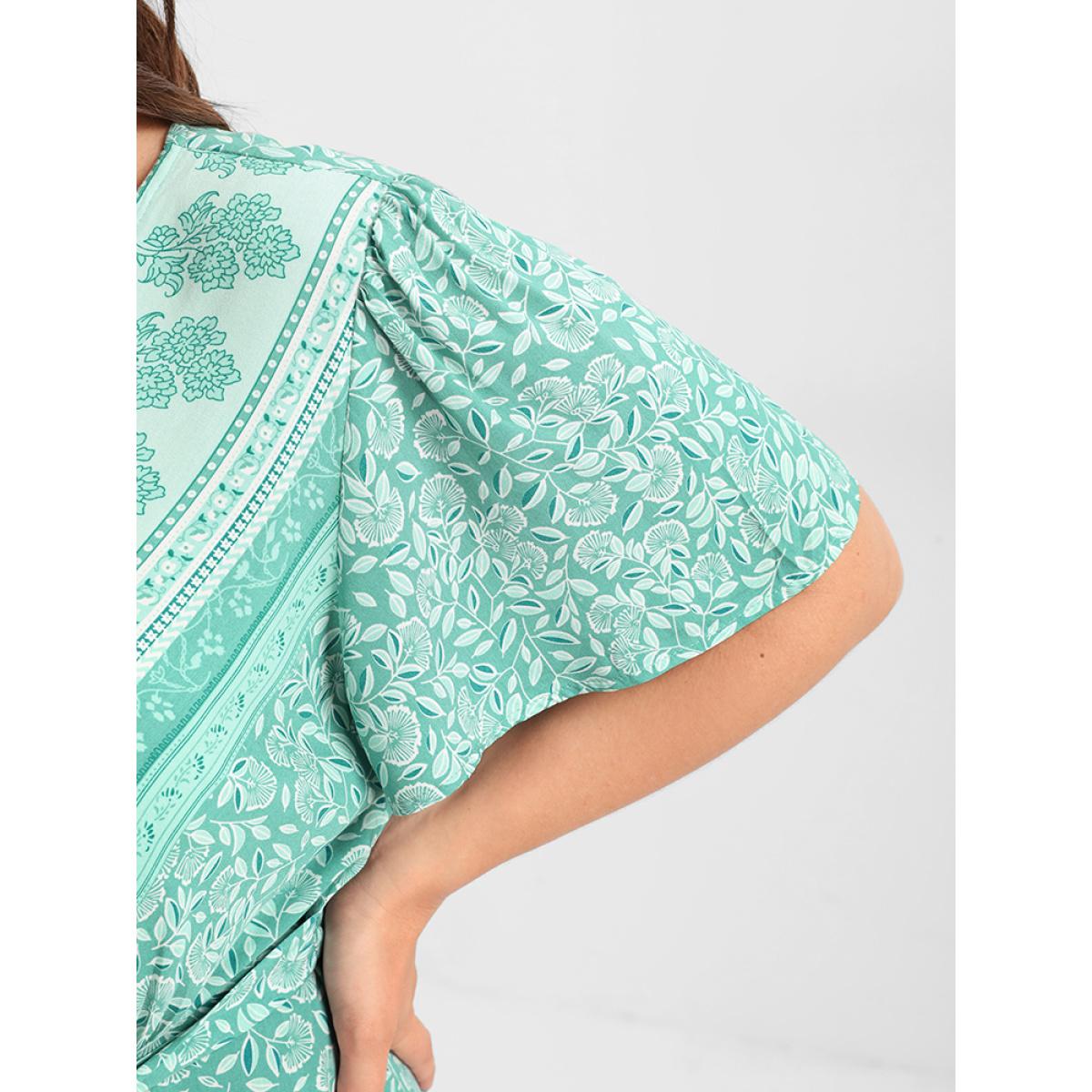 Plus Size Ditsy Floral Ruffled Knotted Wrap Dress Aquamarine Women Elegant Ruffles V-neck Short sleeve Curvy Knee Dress BloomChic 22-24/3X Product Image