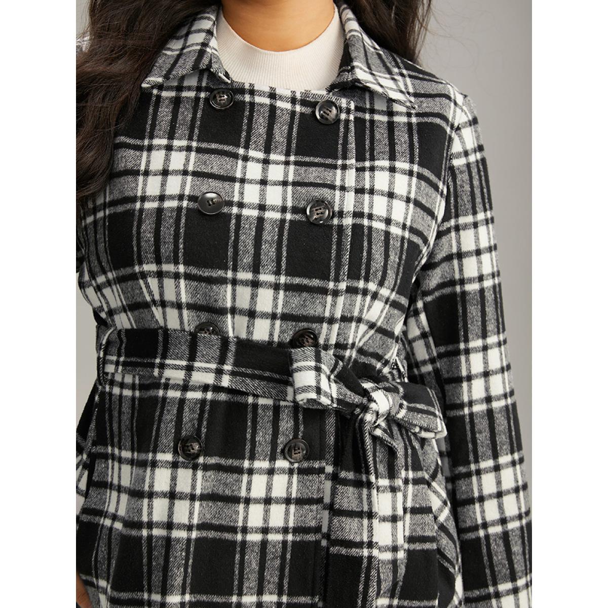 Plus Size Plaid Belted Pocket Double Breasted Coat Women Black Casual Lined Ladies Dailywear Winter Coats BloomChic 26/4X Product Image