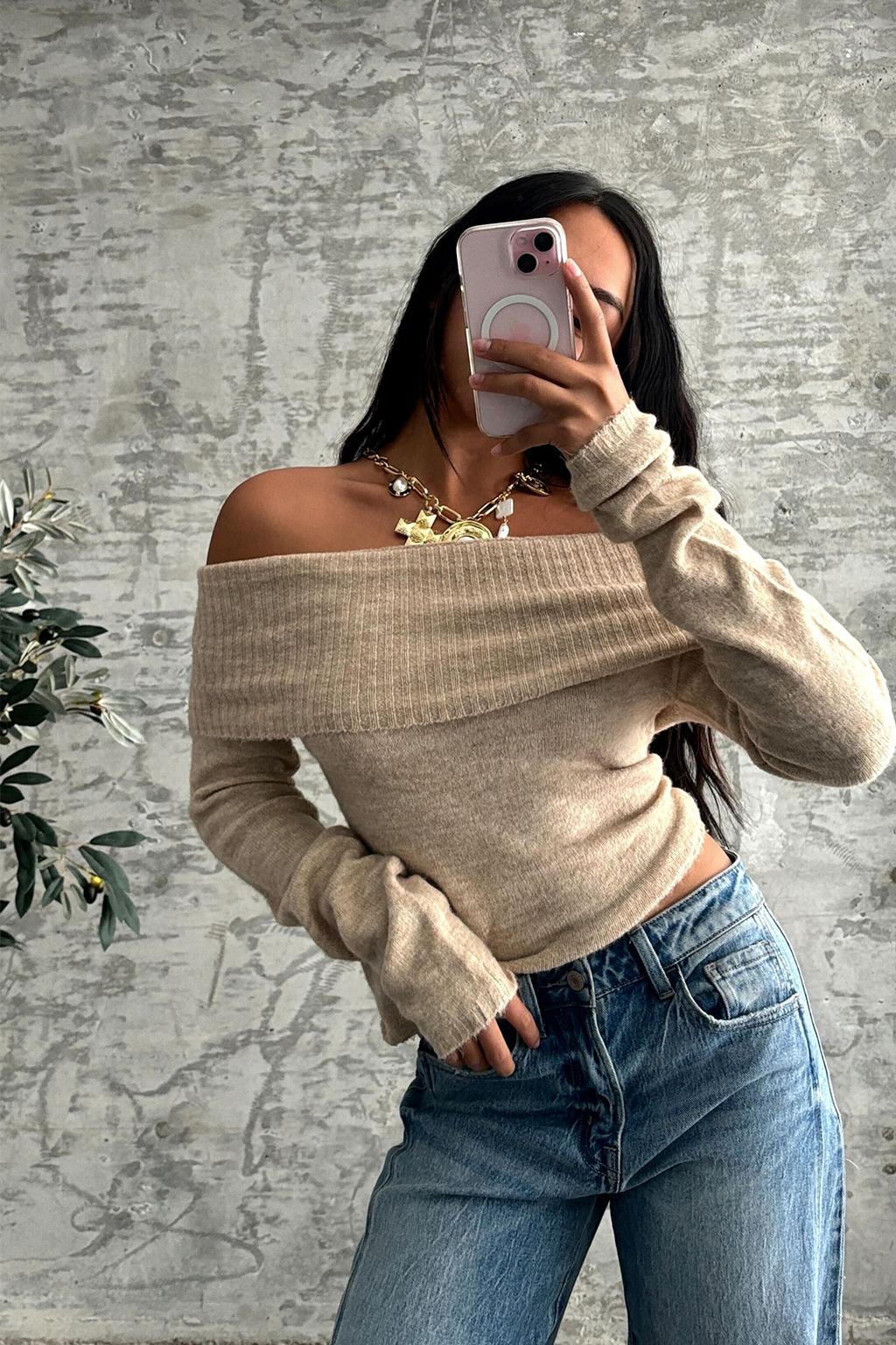 Nora Beige Off the Shoulder Sweater Product Image
