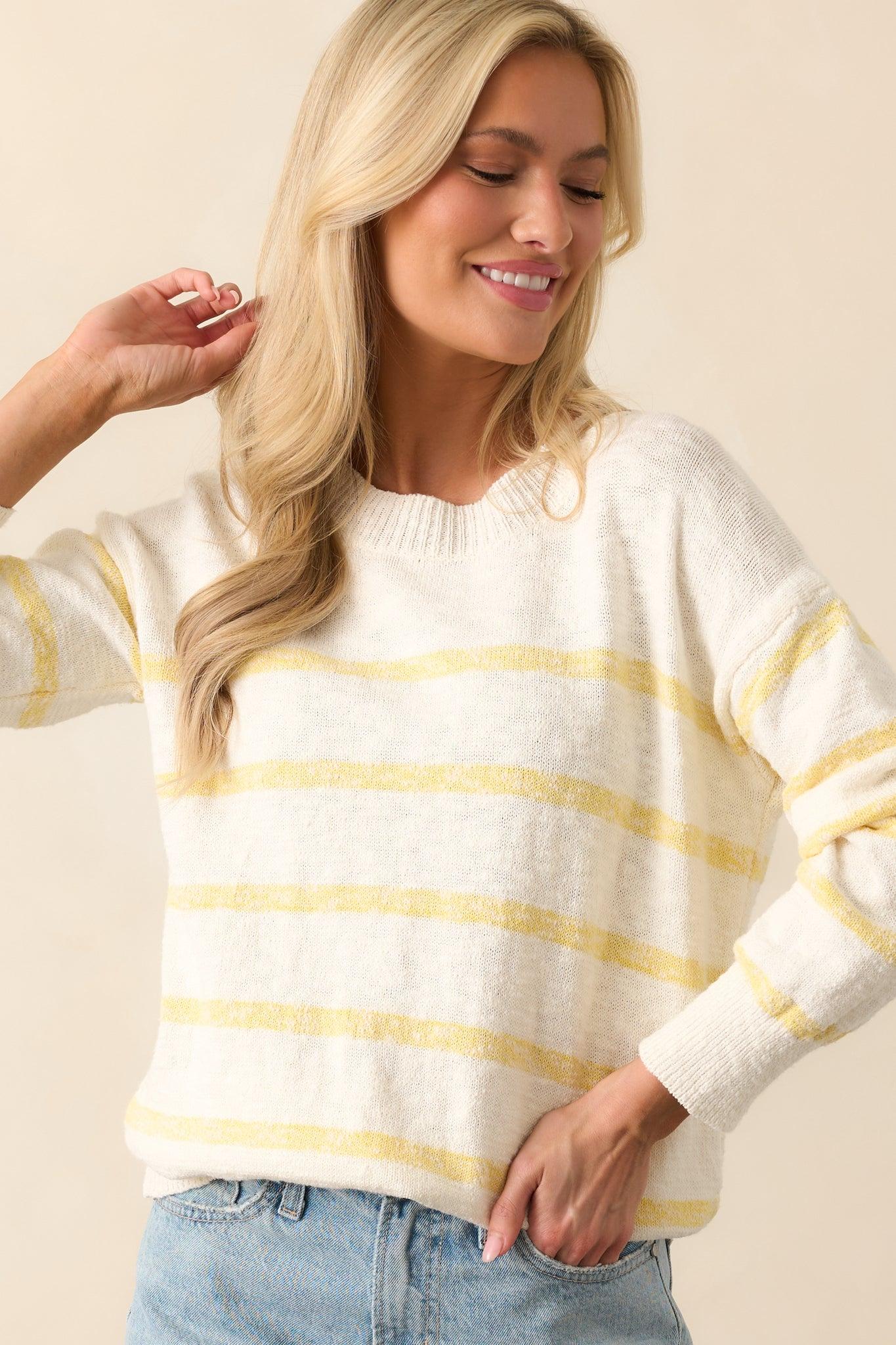 My Day Off Ivory & Yellow Cotton Stripe Sweater Product Image