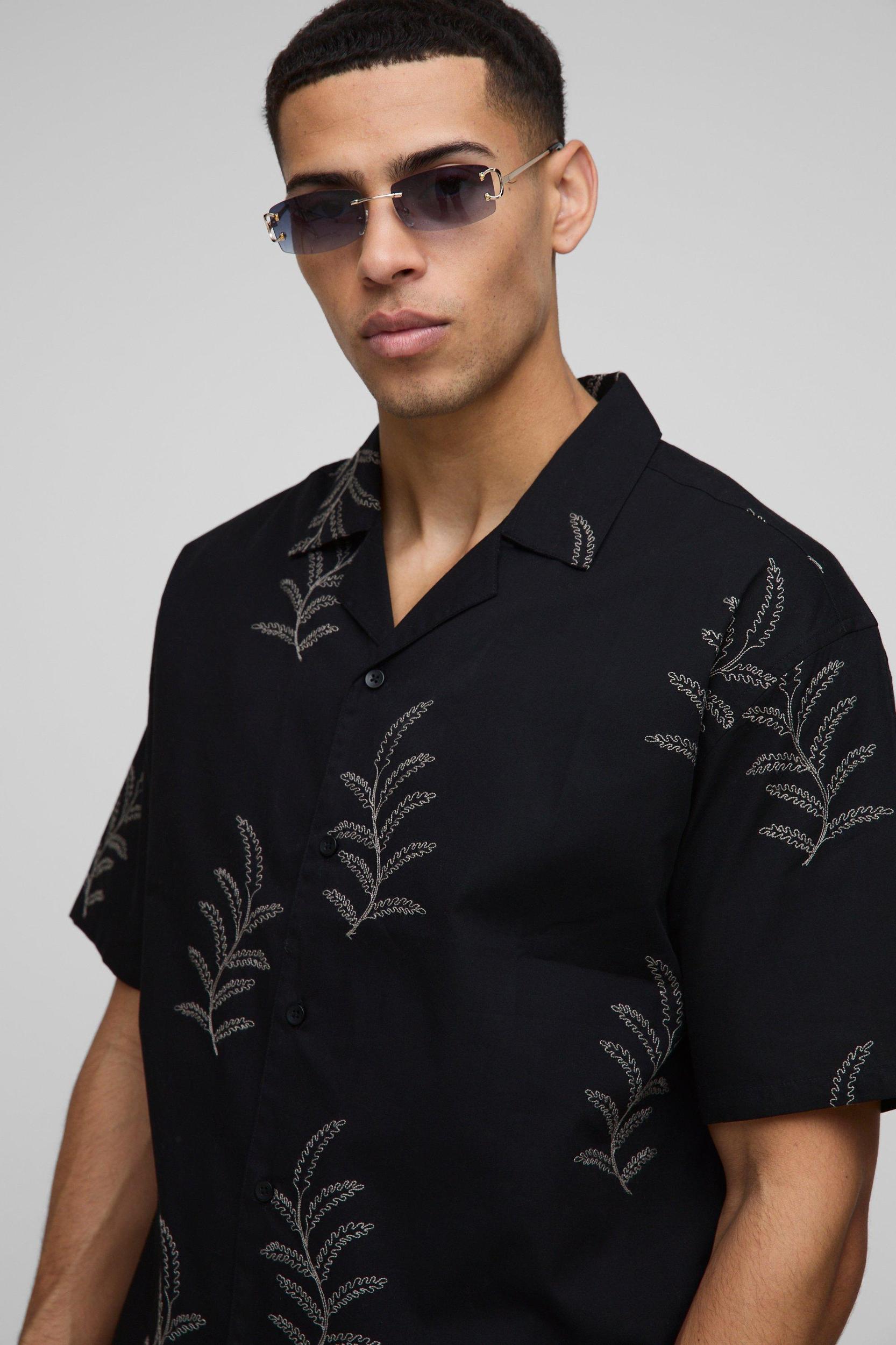 Oversized Revere Embroidered Poplin Shirt | boohooMAN USA Product Image