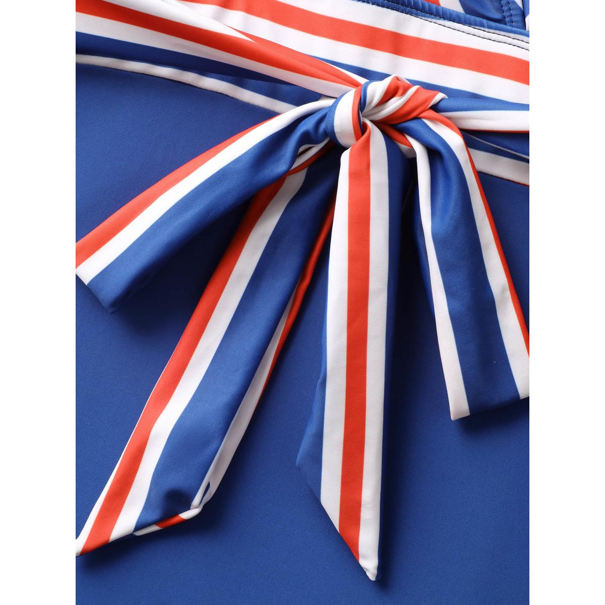 Plus Size Overlap Collar Contrast Striped Tie knot One Piece Swimsuit Women's Swimwear Navy Beach Tie knot Curve Bathing Suits High stretch One Pieces BloomChic 10/M Product Image