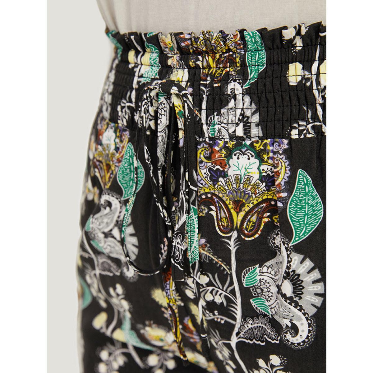 Plus Size Floral Print Shirred Bootcut Ties Pocket Pants Women BlackFlower Elegant Bootcut High Rise Dailywear Pants BloomChic 26/4X Product Image