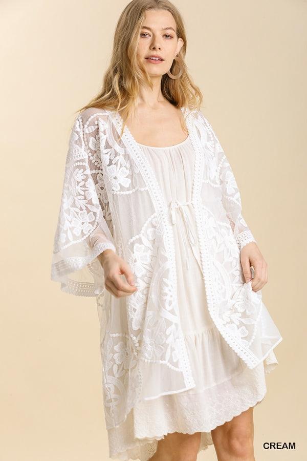 1136   ReeAnn Floral Lace Kimono w/ Waist Tie - Reg & Plus Product Image