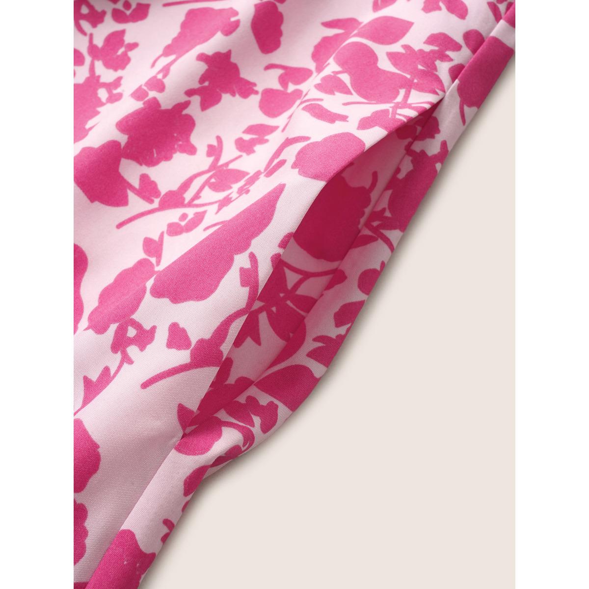 Plus Size Silhouette Floral Print Ruched Lantern Sleeve Dress Watermelon Women Elegant Gathered Square Neck Short sleeve Curvy Midi Dress BloomChic 18-20/2X Product Image