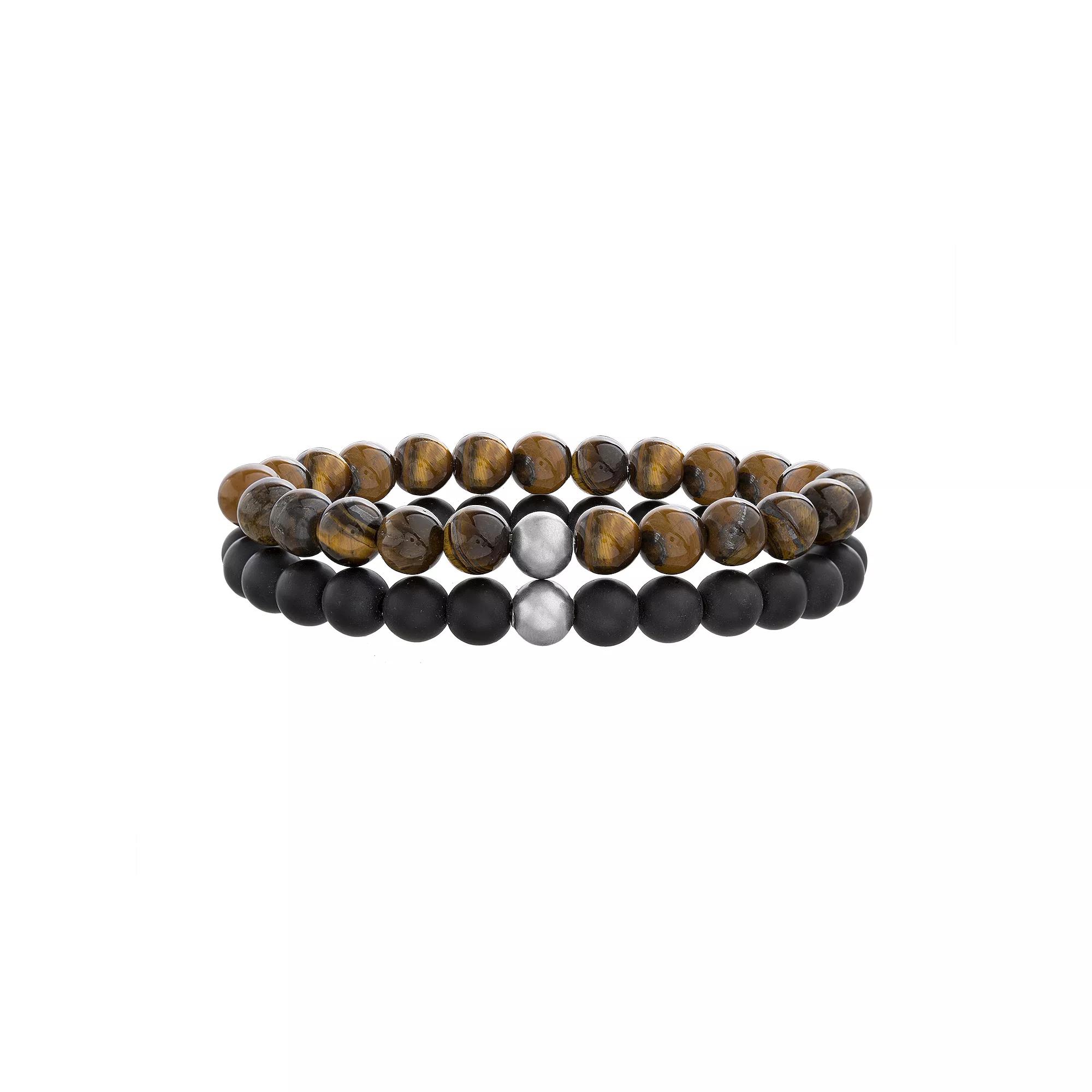 1913 Men's Red Tiger Eye & Glass Beads Stretch Bracelet Set, Size: 8.25", Brown Product Image