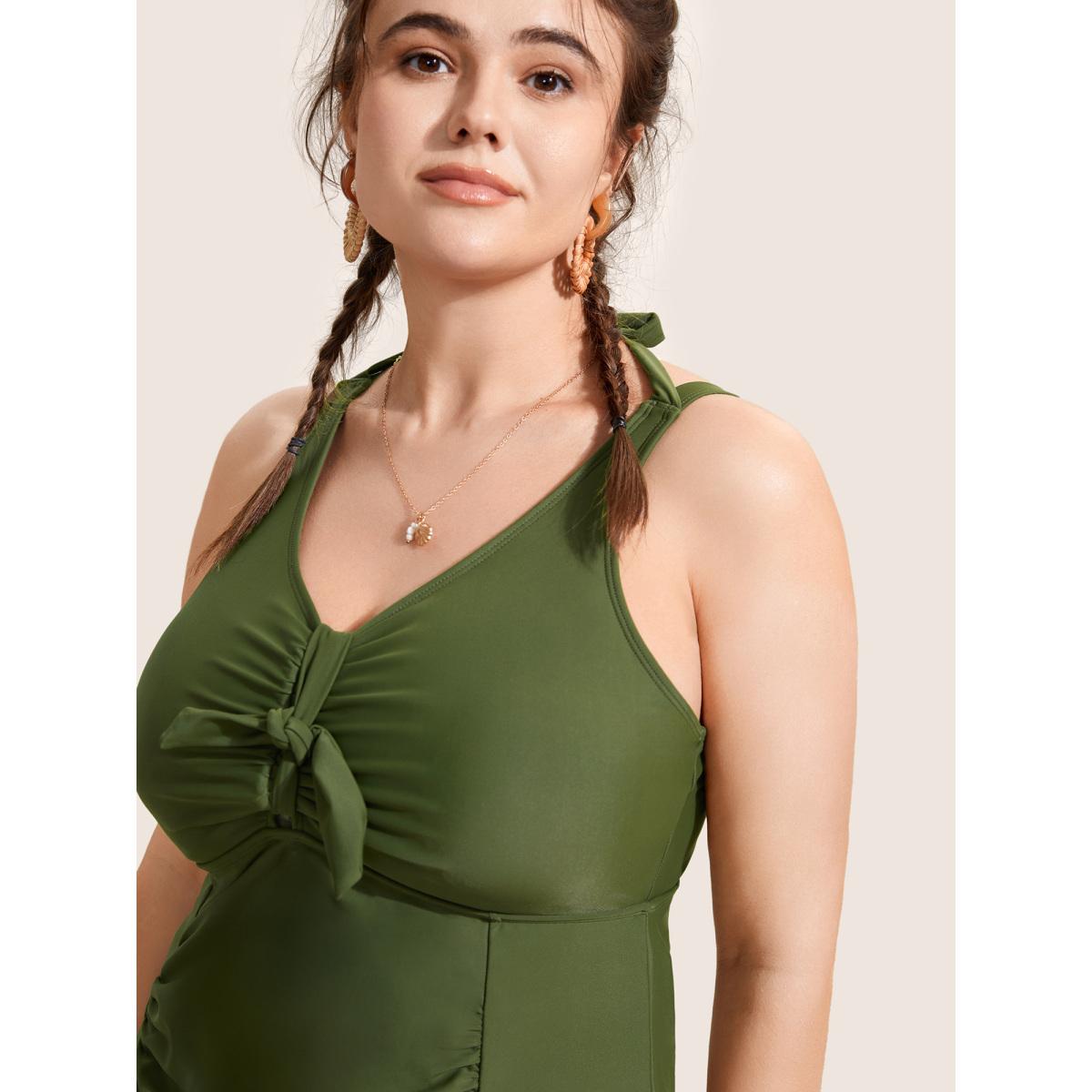 Plus Size Solid V Neck Tie Knot Gathered Swim Top Women's Swimwear Moss Beach Tie knot High stretch Skinny V-neck Curve Swim Tops BloomChic 22-24/3X Product Image