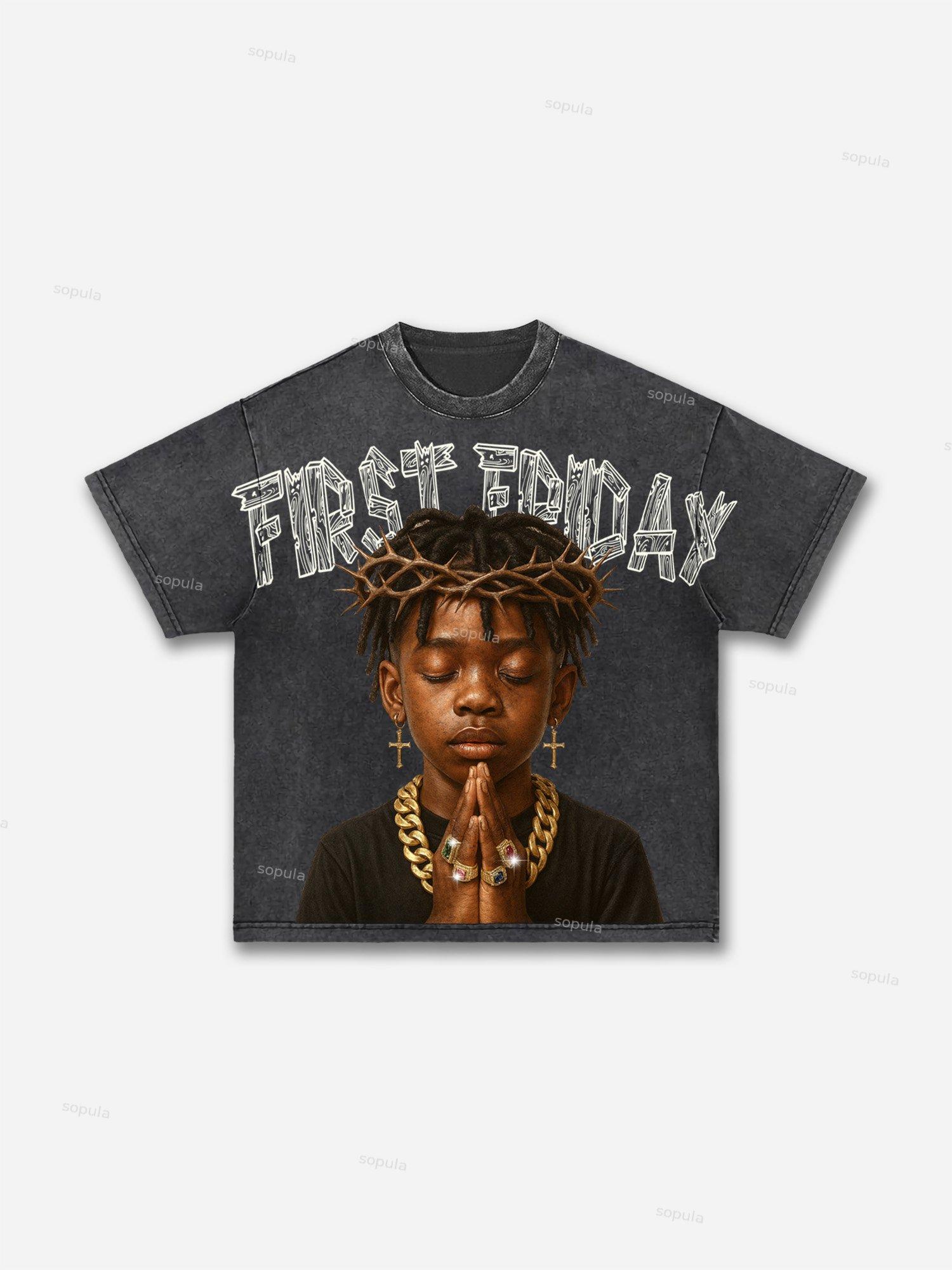 First Friday Devotion Retro Graphic Acid Wash T-shirt Product Image