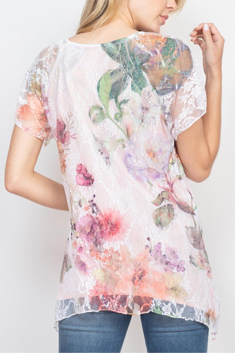 Floral lace overlay shark bite hem short sleeve Product Image