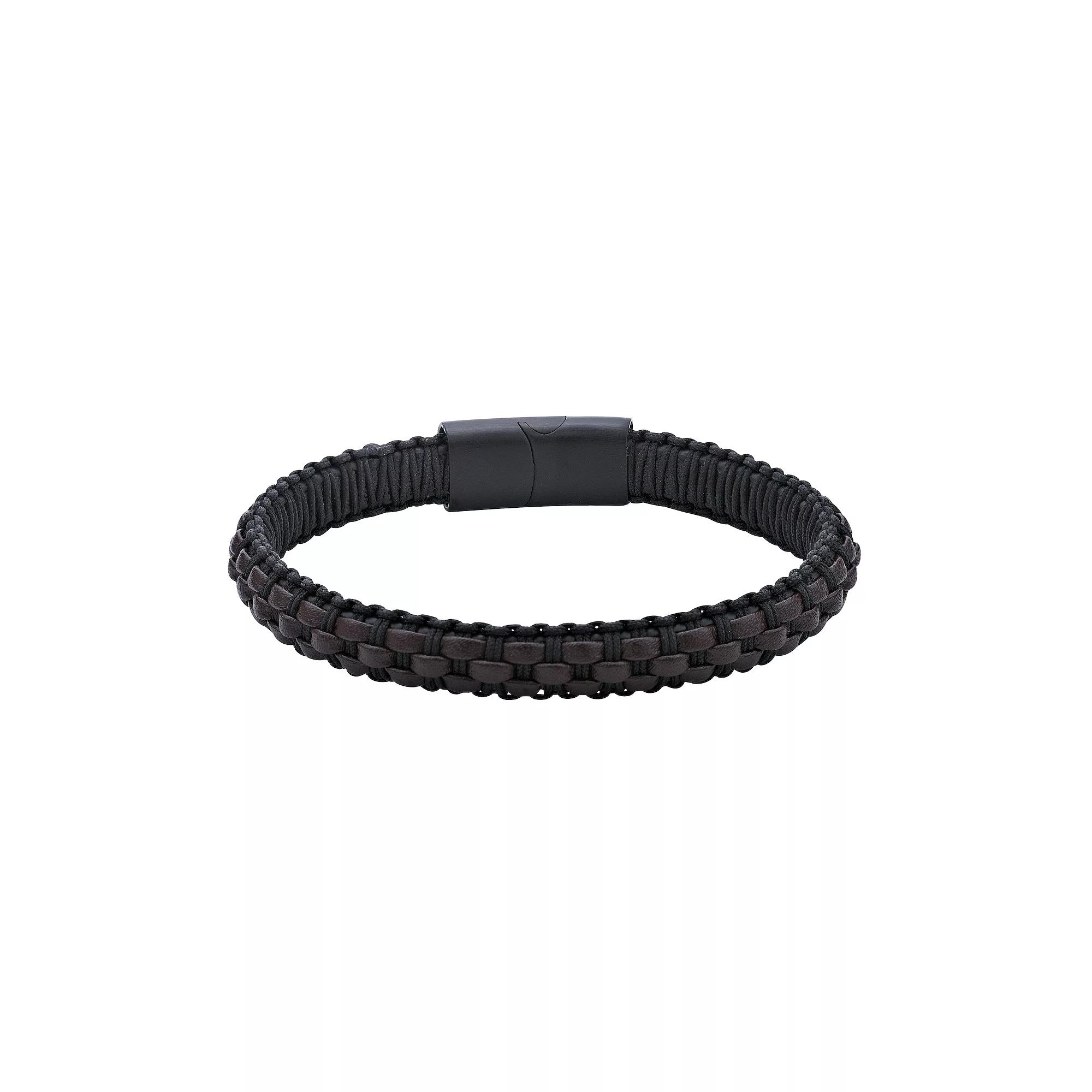 LYNX Men's Dark Brown Leather Braided Bracelet, Size: 8.5", Stainless Product Image