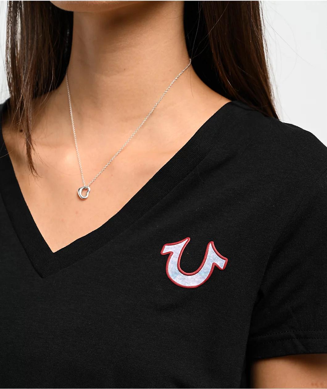 True Religion Tropical Denim Horseshoe Black V-Neck T-Shirt Product Image