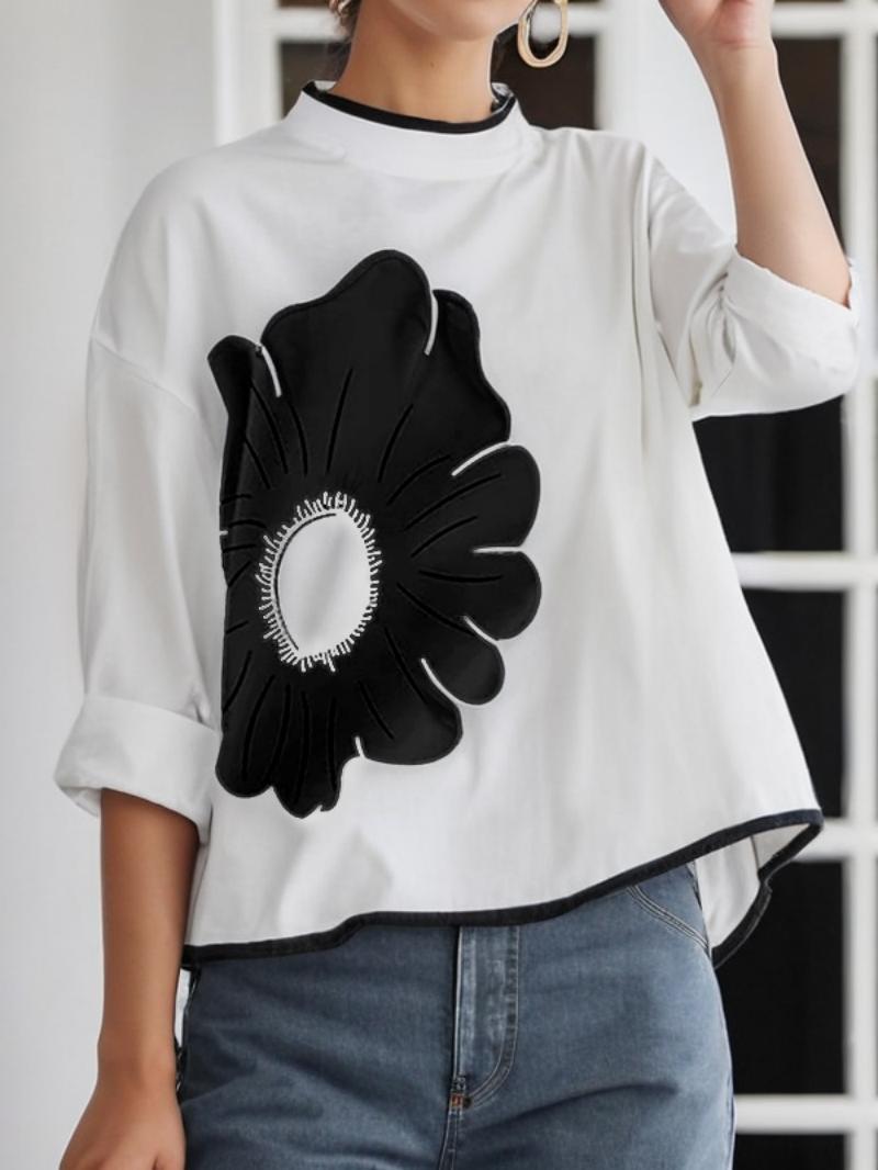 A-line High-low Flower Print Mock Neck T-Shirts Tops Product Image