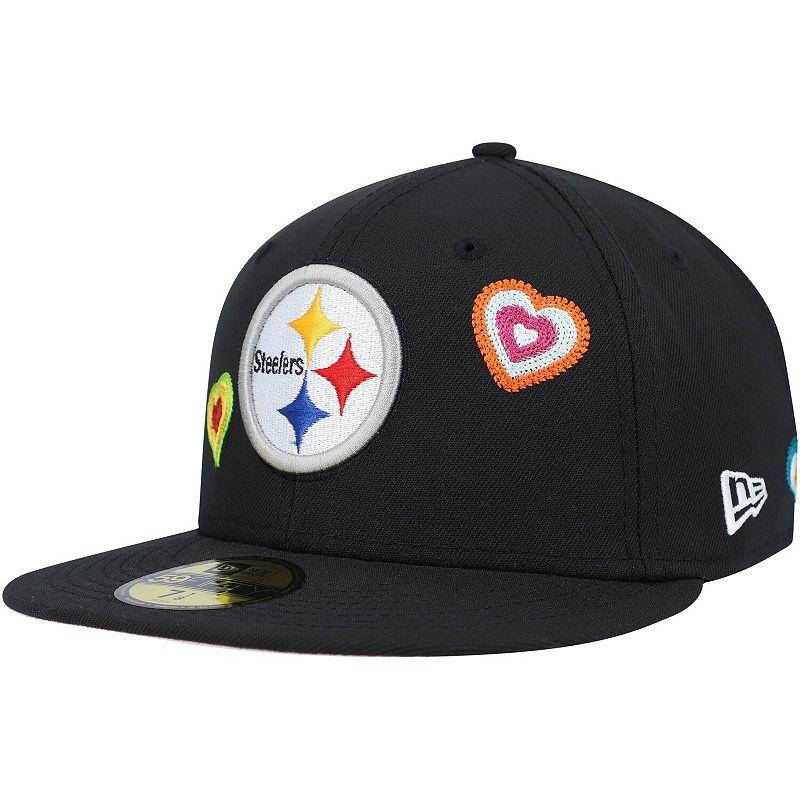 Men's New Era Black Pittsburgh Steelers Chain Stitch Heart 59FIFTY Fitted Hat,  Product Image