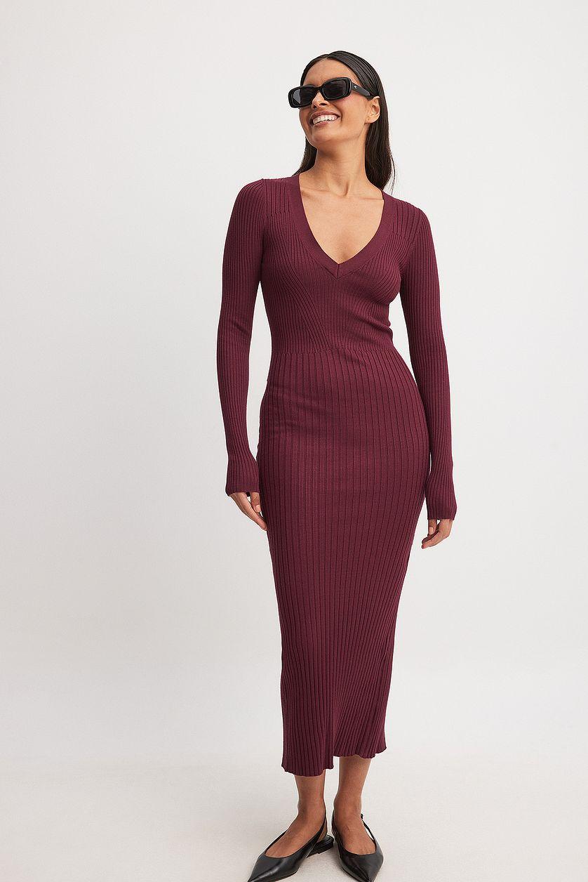 Knitted V-Neck Midi Dress Product Image