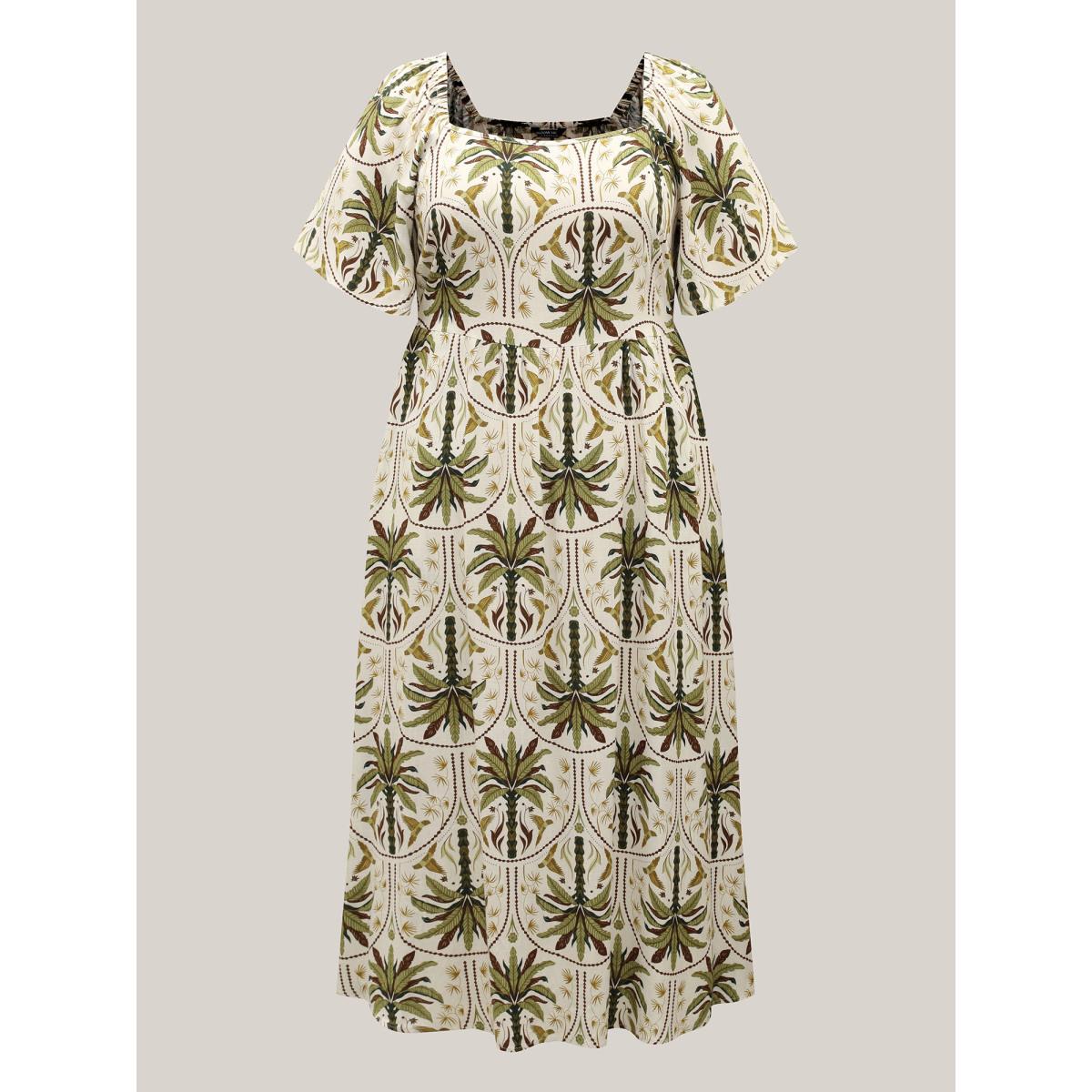 Plus Size Tropical Print A-Line Slit Midi Dress Multicolor Women Square Neck Short sleeve Curvy BloomChic 14-16/1X Product Image