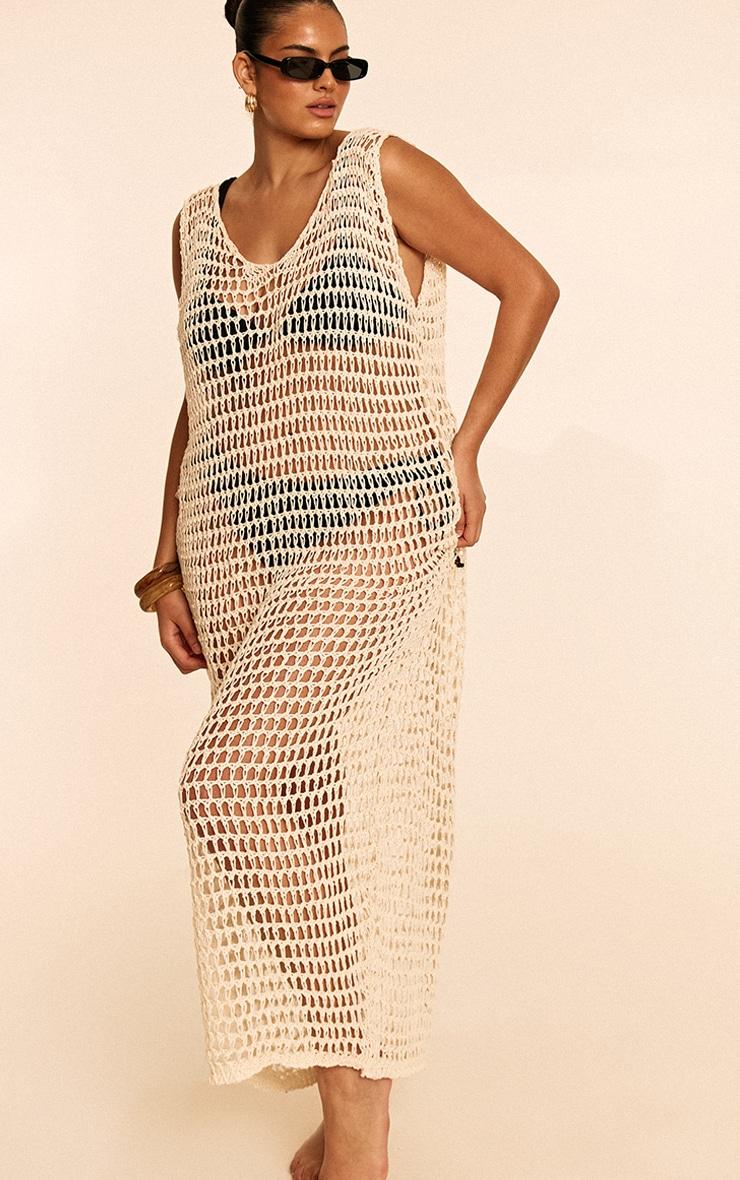 Plus Cream Crochet Sleeveless Maxi Beach Dress Product Image