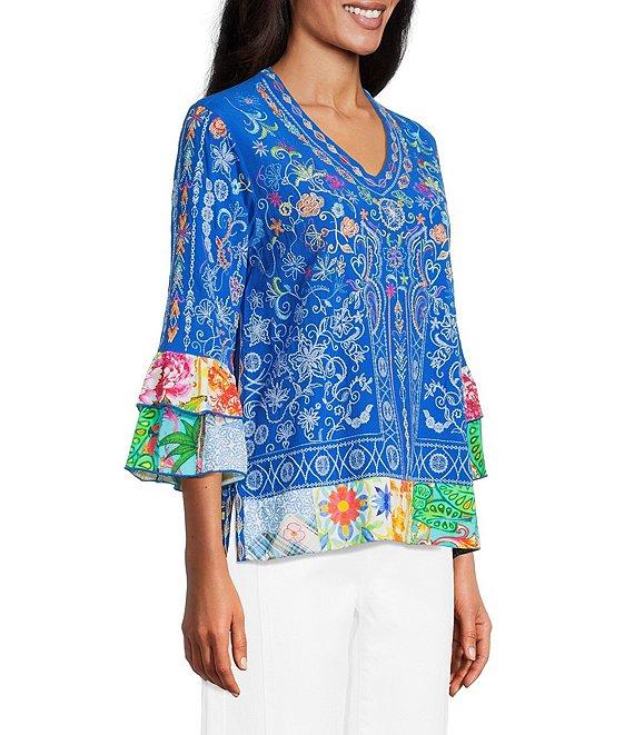 John Mark Embroidered Multi Floral V-Neck 3/4 Ruffle Tiered Sleeve Tunic Product Image