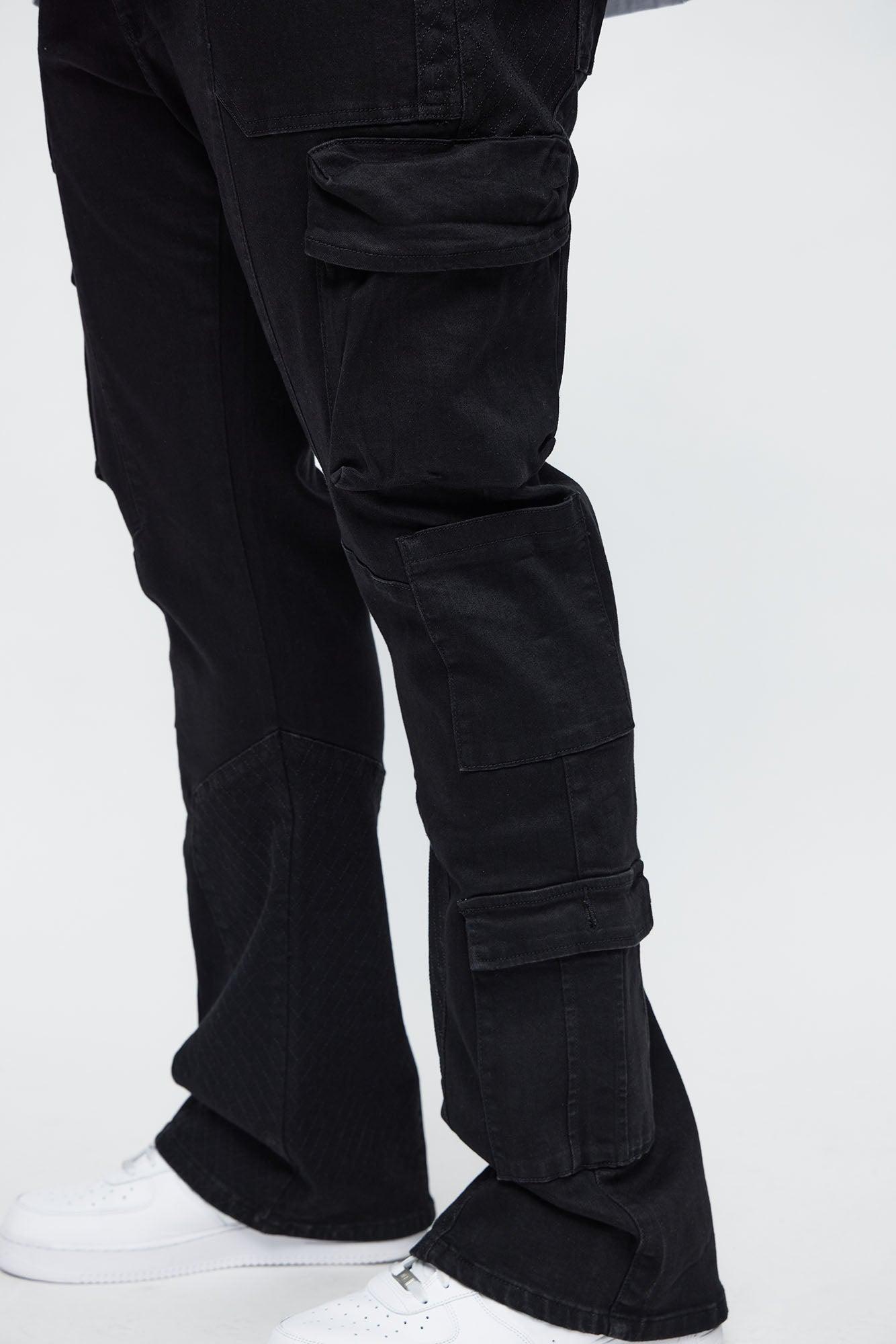 Stacked Slim Flare Rebel Stitch Cargo Jeans - Black Male Product Image