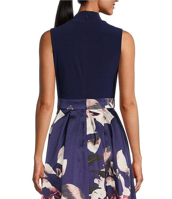 Ignite Evenings Floral Print Mikado Tie Waist V-Neck Sleeveless High-Low Midi Dress Product Image