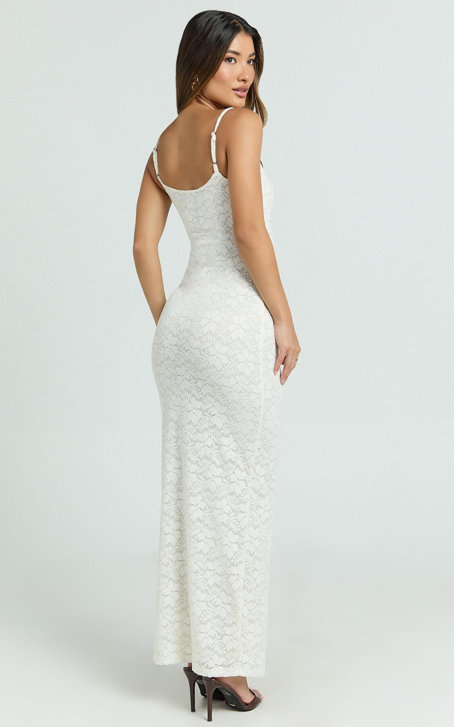 Carly Maxi Dress - Stretch Lace Scoop Neck Dress in Off White Product Image