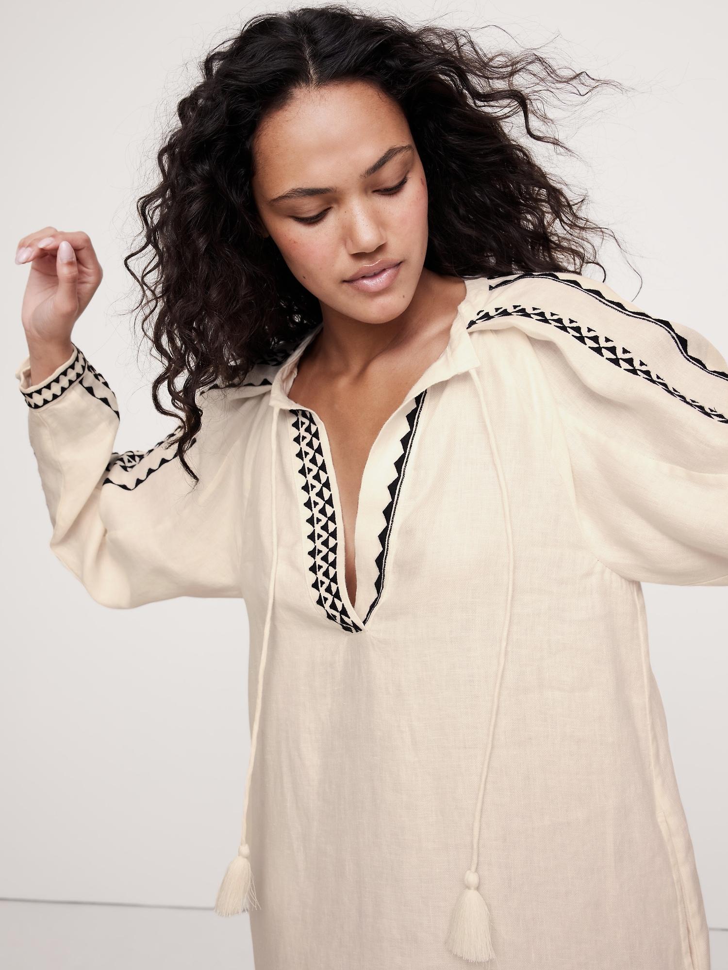 Embroidered Linen Peasant Dress Product Image