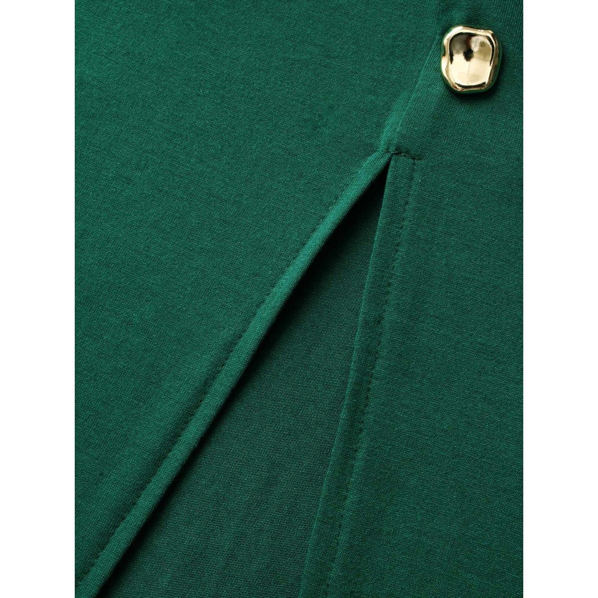 Plus Size Plain Button Detail Split Hem Dress DarkGreen Women Casual Gathered Round Neck Long Sleeve Curvy BloomChic 26/4X Product Image