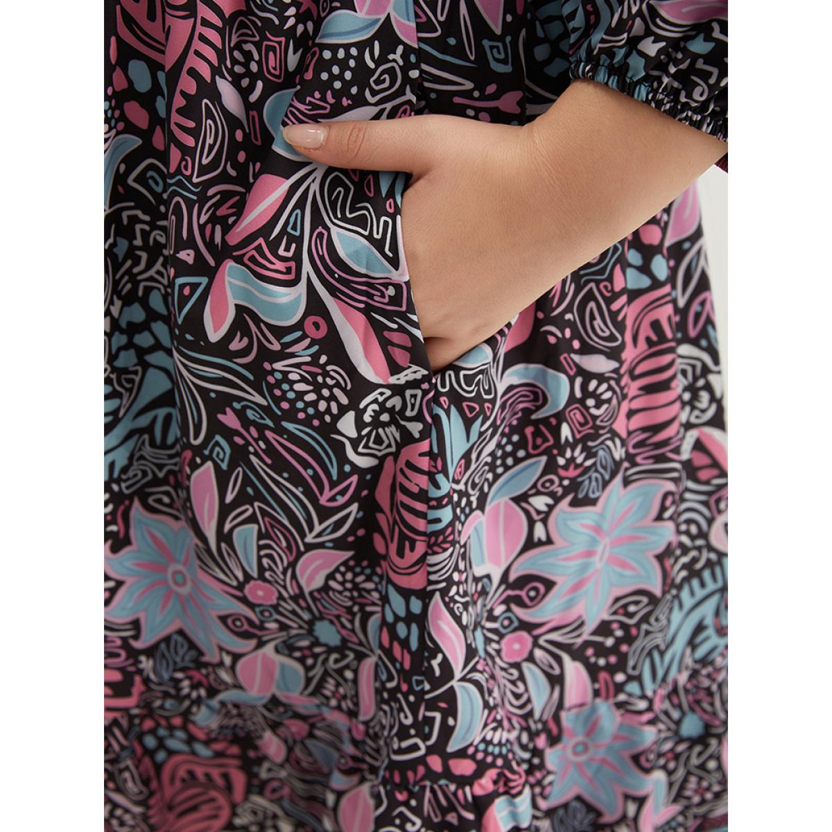 Plus Size Floral Print Lantern Sleeve Elastic Waist Dress Multicolor Women Vacation Elastic cuffs V-neck Elbow-length sleeve Curvy Midi Dress BloomChic 12/L Product Image