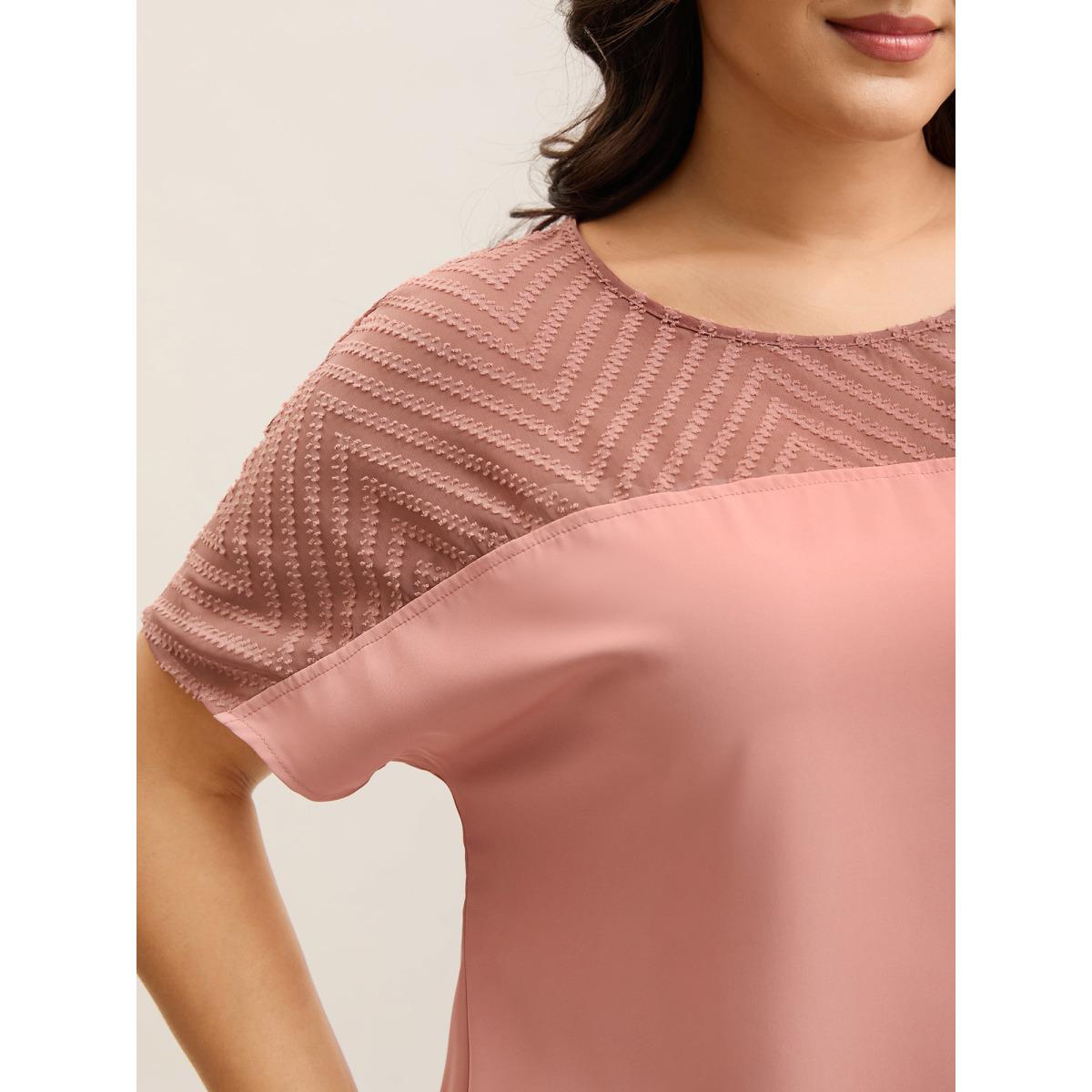 Plus Size DustyPink Textured Sheer Spliced Half Sleeve Blouse Women Short sleeve Round Neck Everyday-Elegant Blouses BloomChic 14-16/1X Product Image