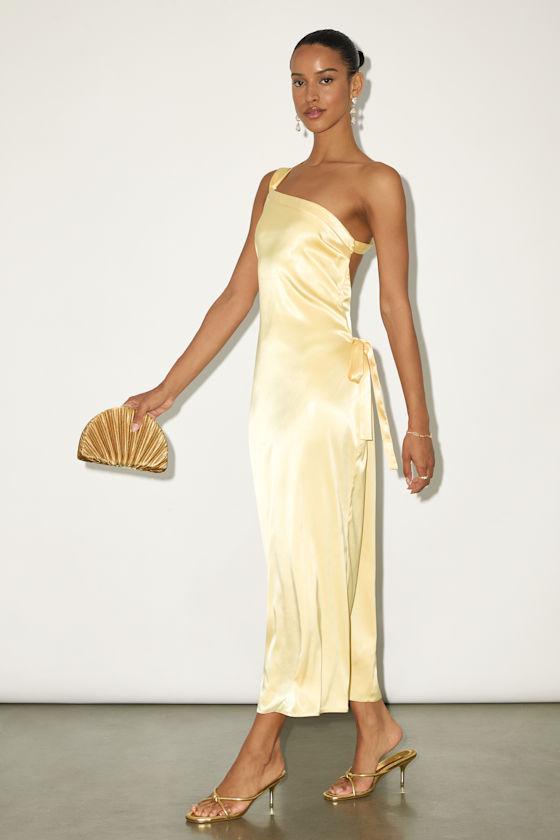 Yvonne Light Yellow Satin One-Shoulder Midi Dress Product Image