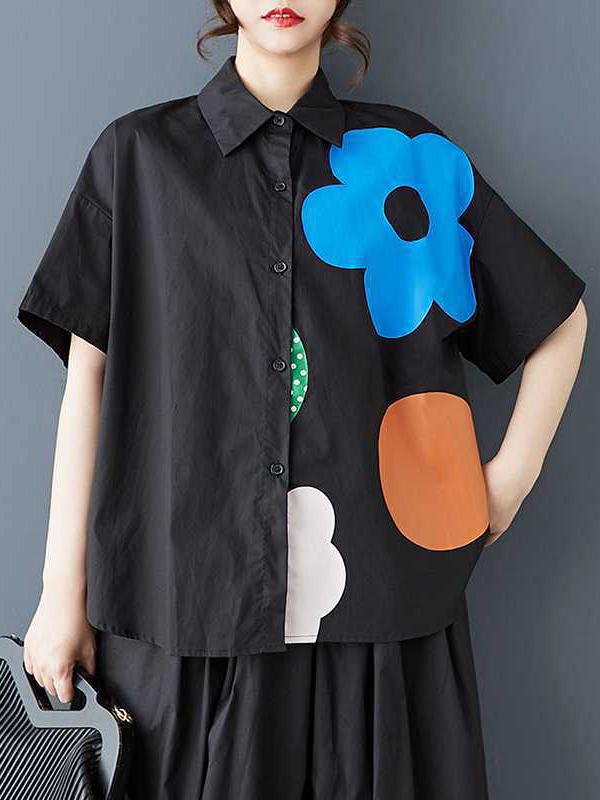 Loose Short Sleeves Buttoned Flower Print Lapel Blouses&Shirts Tops Product Image