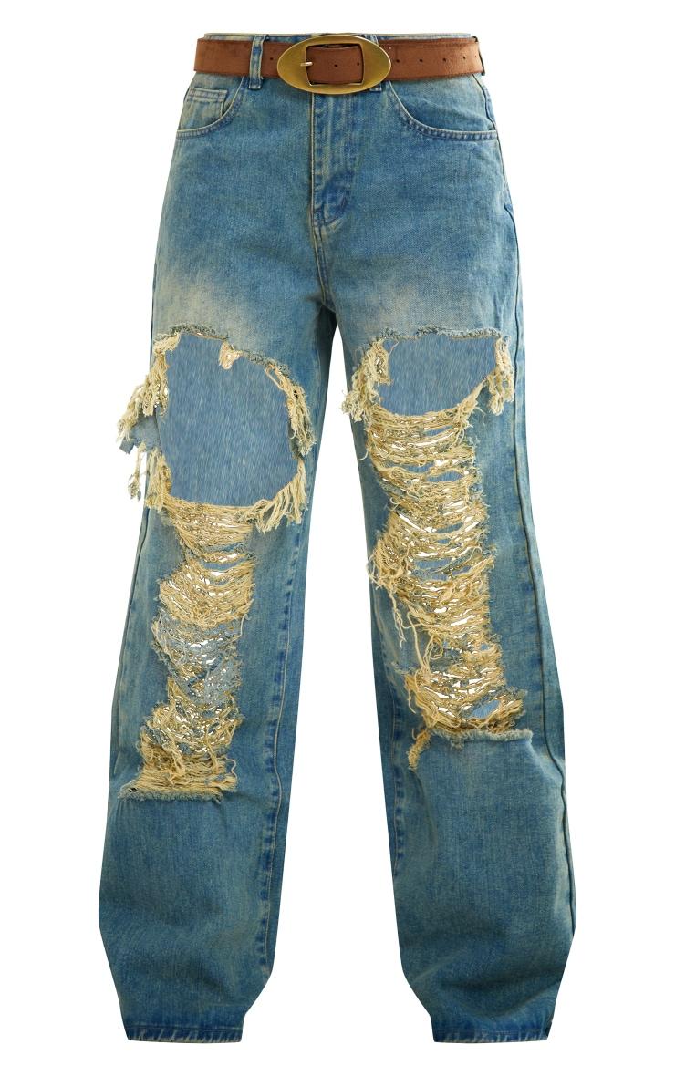 Indigo Vintage Wash Extreme Rip Front Straight Leg Jeans Product Image