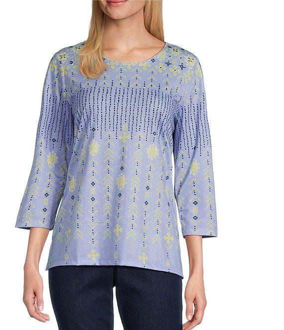 Allison Daley Embellished Folk Stitch Print 3/4 Sleeve Crew Neck Knit Top Product Image