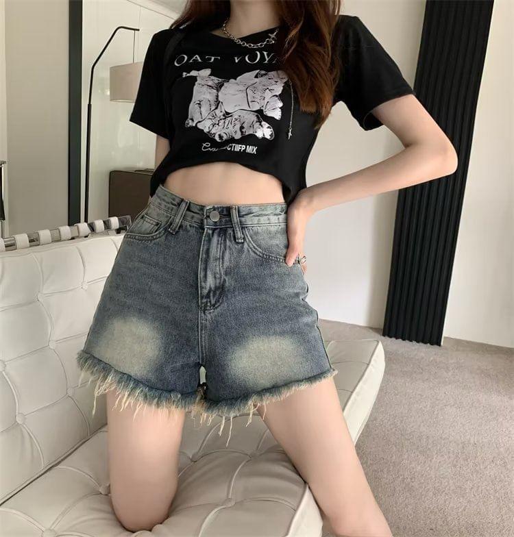 High Waist Washed Distressed Denim Shorts Product Image