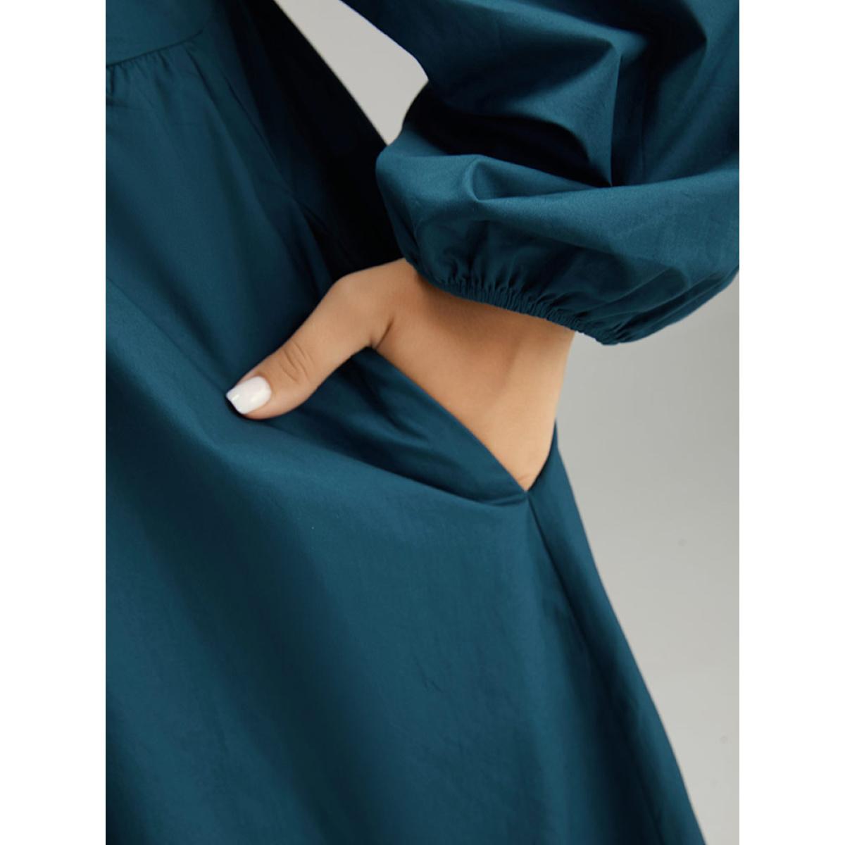 Plus Size Cotton Solid Bowknot Gathered Detail Dress Aegean Women Elegant Elastic cuffs Tie Neck Long Sleeve Curvy Midi Dress BloomChic 30/6X Product Image