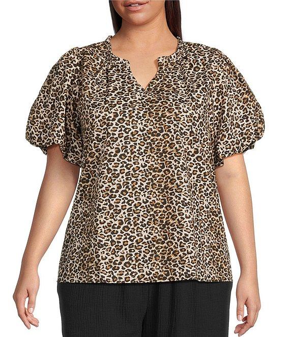 Skies Are Blue Plus Size Leopard Print Poplin Puff Sleeve Top Product Image