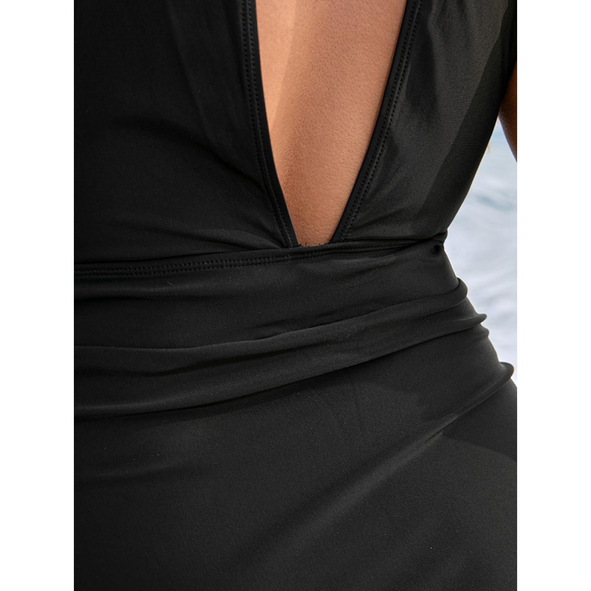 Plus Size Halter Mesh Insert Knotted Back One Piece Swimsuit Women's Swimwear Black Vacation Tummy control Curve Bathing Suits High stretch One Pieces BloomChic 26/4X Product Image