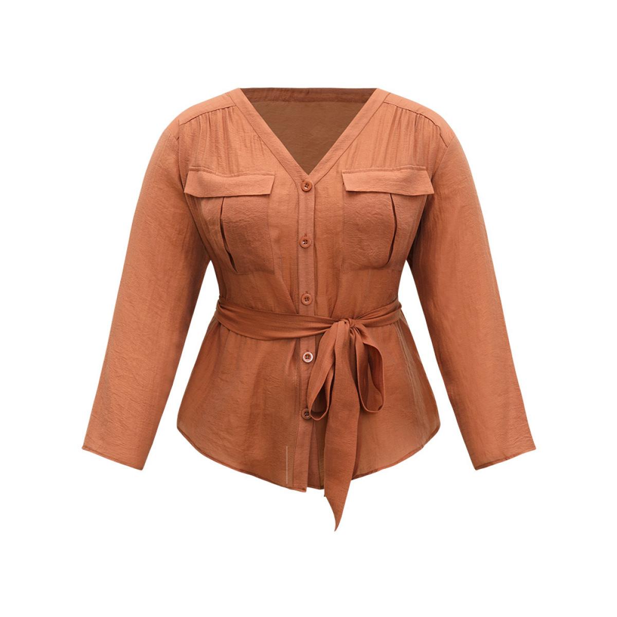 Plus Size Halloween Plain Belted Pocket Button Up Gathered Coat Women OrangeRed Casual Gathered Ladies Dailywear Winter Coats BloomChic 22-24/3X Product Image