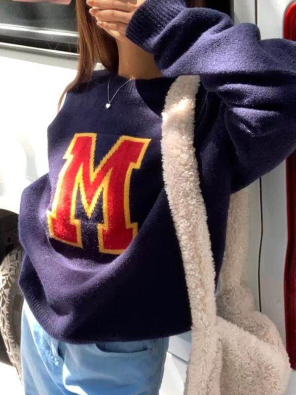 Contrast Color Letter Jacquard Knit Sweater Product Image