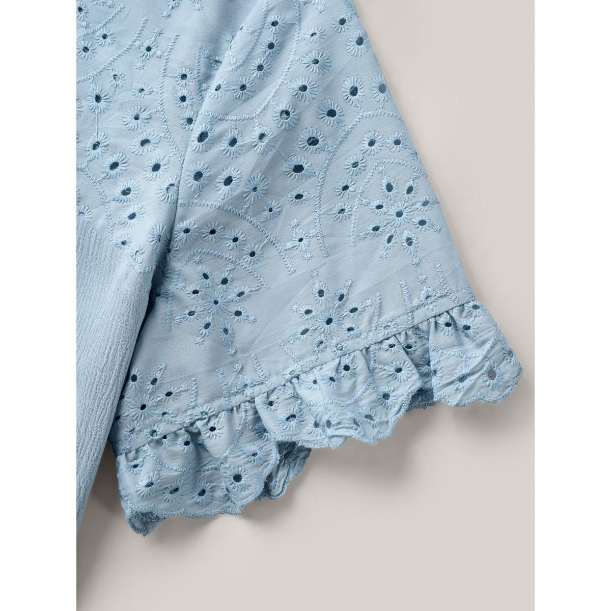 Plus Size LightBlue Rayon Eyelet Flowy Blouse Women Short sleeve V-neck Vacation Blouses BloomChic 18-20/2X Product Image